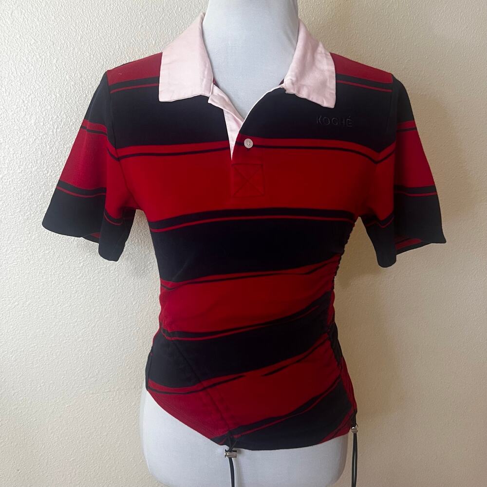 Koché red stripe asymmetric ruched side drawstring jersey polo shirt 34 / US 2